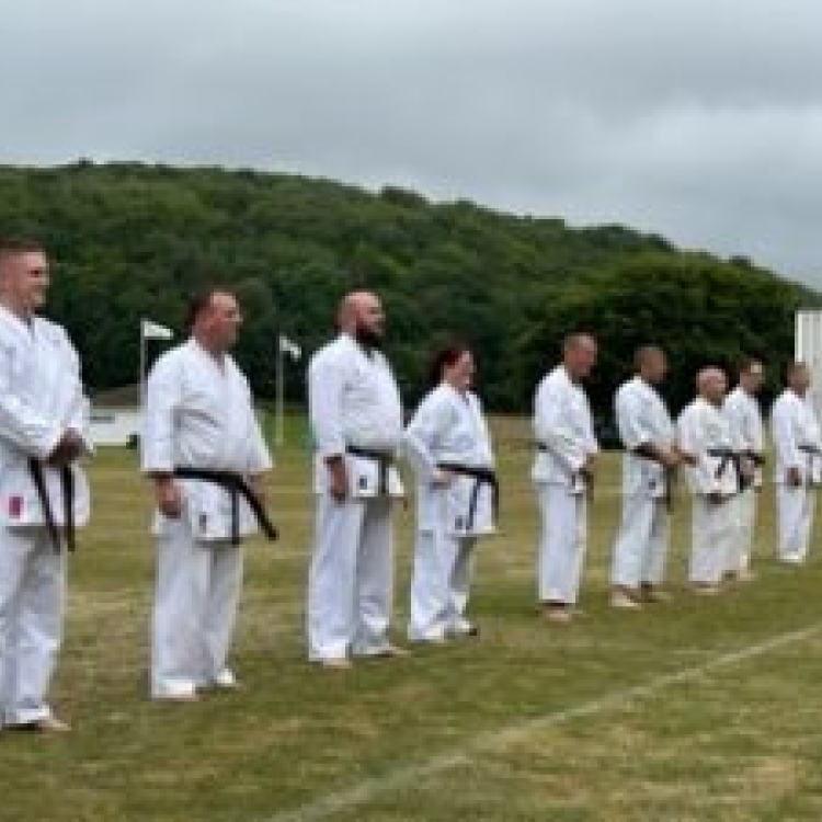 Ready for Dan Grading. L to R: James O'Connor, Mike Aldridge, Aaron Benton, Sara Benton, Trevor Starkey, Pete Saunders, Phil Webb, Calum Mendham, Steve Hensman