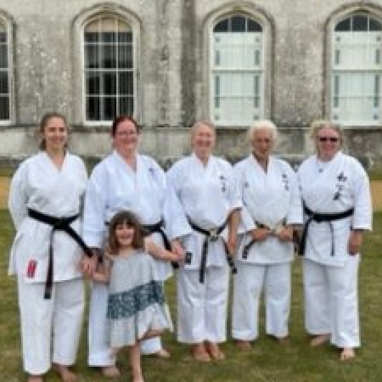 L to R: Lizzie Hensman 2nd Dan; Sara Benton 3rd Dan & Alice; Sensei Alison Thompson 6th Dan; Sensei Annette Turpin 6th Dan; Andrea Hutchens 5th Dan